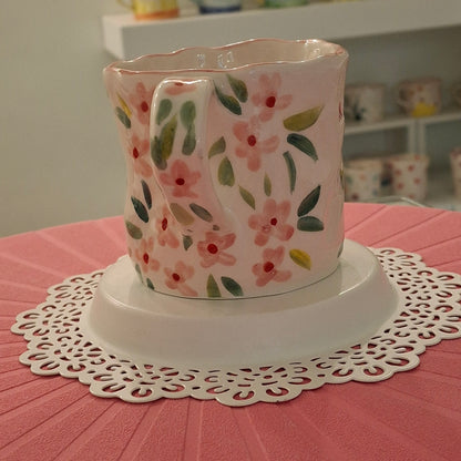 Handmade Pottery Mug . Customized Name . Pink Flowers