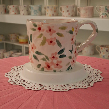 Handmade Pottery Mug . Customized Name . Pink Flowers