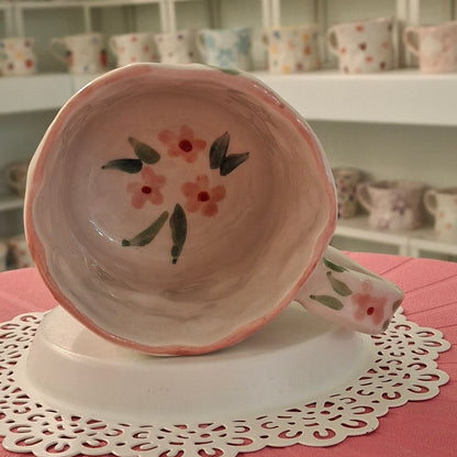 Handmade Pottery Mug . Customized Name . Pink Flowers