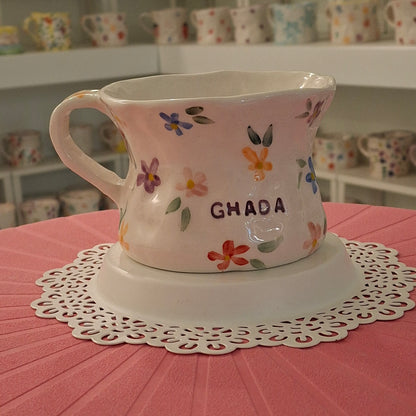 Handmade Pottery Mug . Customized Name . Simple Flowers