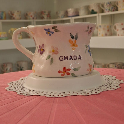 Handmade Pottery Mug . Customized Name . Simple Flowers