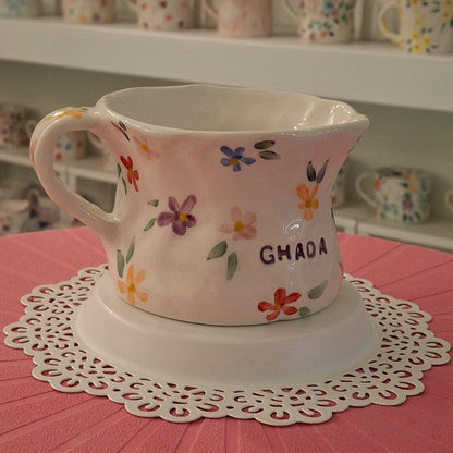 Handmade Pottery Mug . Customized Name . Simple Flowers
