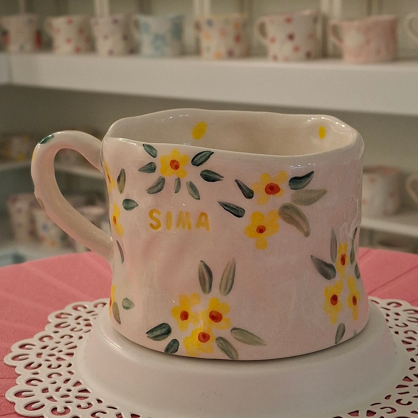 Handmade Pottery Mug . Customized Name . Yellow Flowers