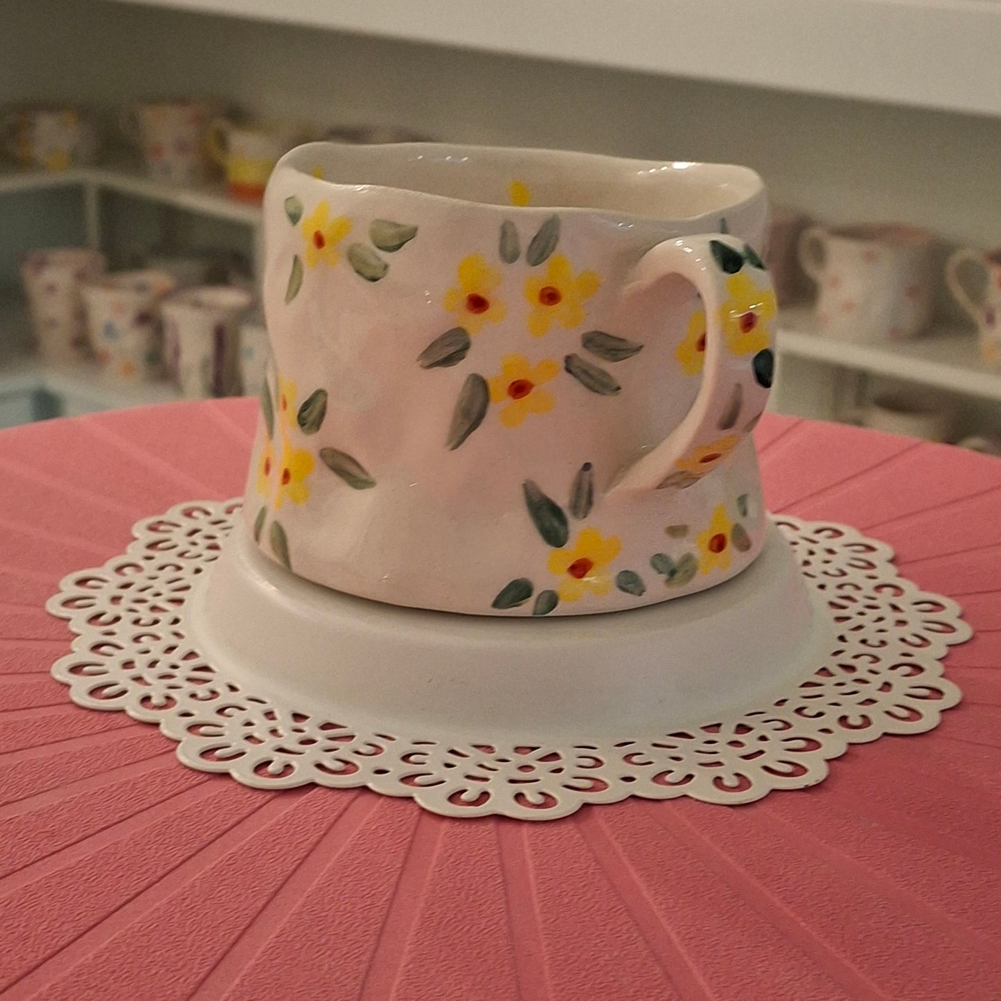 Handmade Pottery Mug . Customized Name . Yellow Flowers