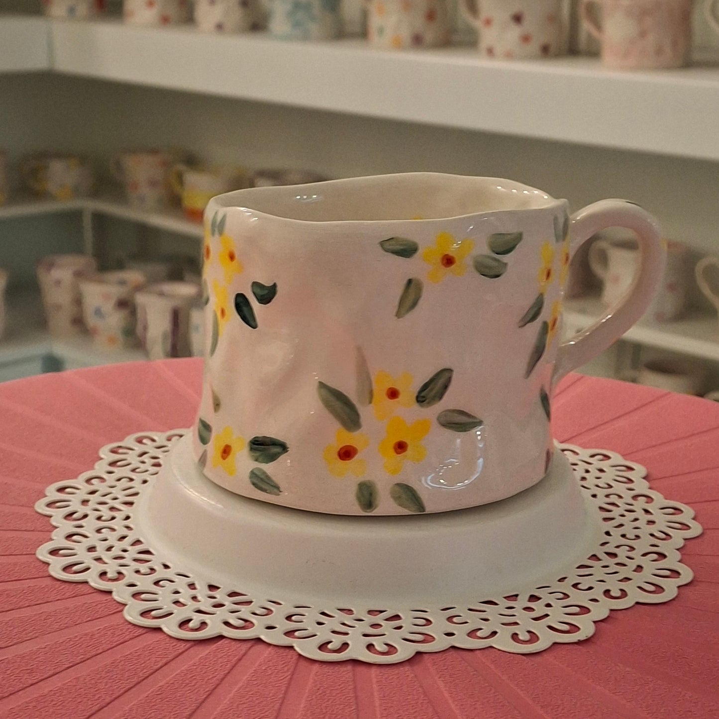 Handmade Pottery Mug . Customized Name . Yellow Flowers