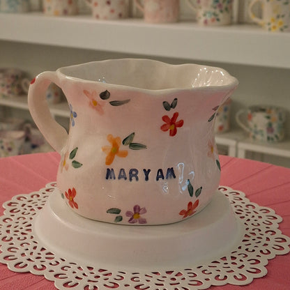 Handmade Pottery Mug . Customized Name . Simple Flowers