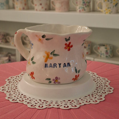 Handmade Pottery Mug . Customized Name . Simple Flowers
