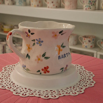 Handmade Pottery Mug . Customized Name . Simple Flowers