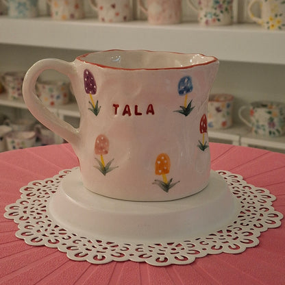 Handmade Pottery Mug . Customized Name . Coloured Mashroom