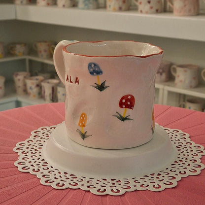 Handmade Pottery Mug . Customized Name . Coloured Mashroom