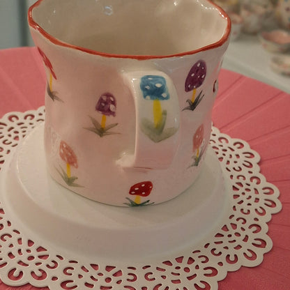 Handmade Pottery Mug . Customized Name . Coloured Mashroom
