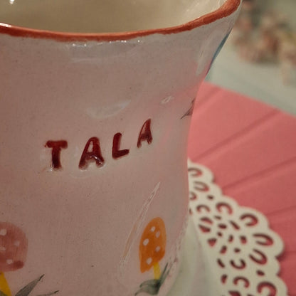 Handmade Pottery Mug . Customized Name . Coloured Mashroom