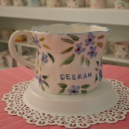 Handmade Pottery Mug . Customized Name . Blue Flowers