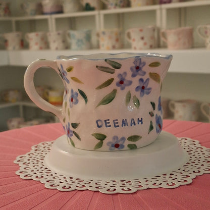 Handmade Pottery Mug . Customized Name . Blue Flowers