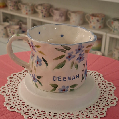 Handmade Pottery Mug . Customized Name . Blue Flowers