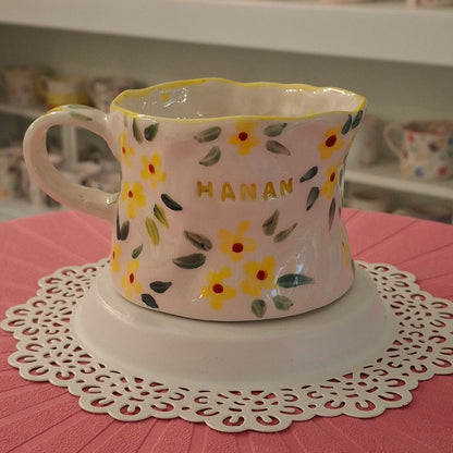 Handmade Pottery Mug . Customized Name . Yellow Flowers