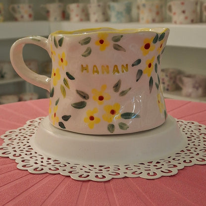 Handmade Pottery Mug . Customized Name . Yellow Flowers