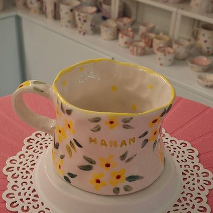 Handmade Pottery Mug . Customized Name . Yellow Flowers