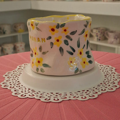 Handmade Pottery Mug . Customized Name . Yellow Flowers