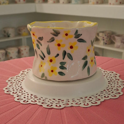Handmade Pottery Mug . Customized Name . Yellow Flowers