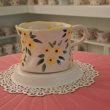 Handmade Pottery Mug . Customized Name . Yellow Flowers