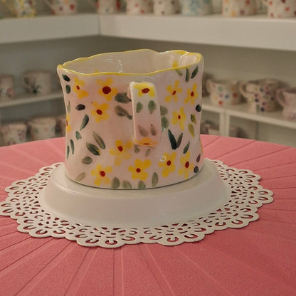 Handmade Pottery Mug . Customized Name . Yellow Flowers