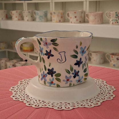 Handmade Pottery Mug .. Customized Letter .. Blues Flowers