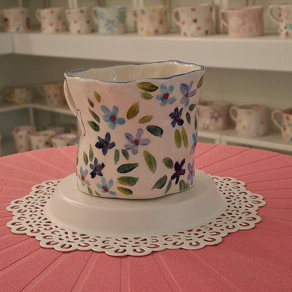 Handmade Pottery Mug .. Customized Letter .. Blues Flowers