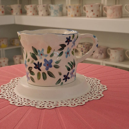 Handmade Pottery Mug .. Customized Letter .. Blues Flowers