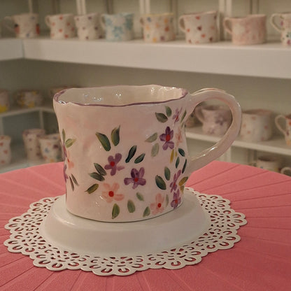 Handmade Pottery Mug .. Customized Letter .. Purple & Pink Flowers