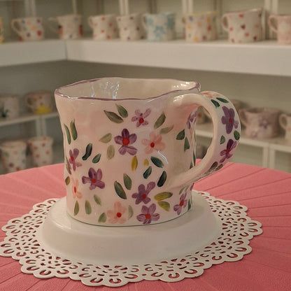 Handmade Pottery Mug .. Customized Letter .. Purple & Pink Flowers