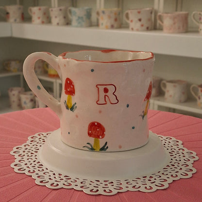 Handmade Pottery Mug .. Customized Letter .. Red Mashroom