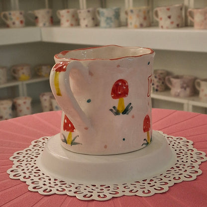 Handmade Pottery Mug .. Customized Letter .. Red Mashroom