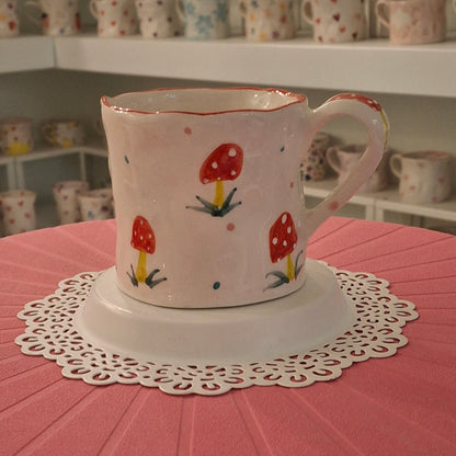 Handmade Pottery Mug .. Customized Letter .. Red Mashroom