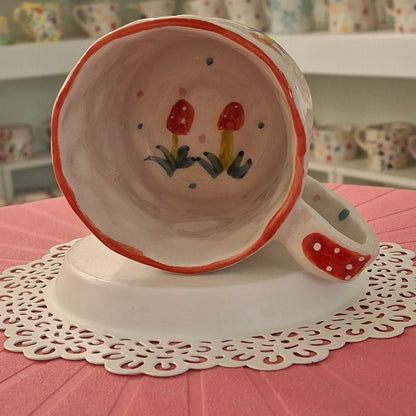 Handmade Pottery Mug .. Customized Letter .. Red Mashroom