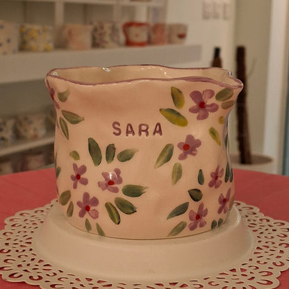 Handmade Pottery Heart Name Mug . Light Purple Flowers