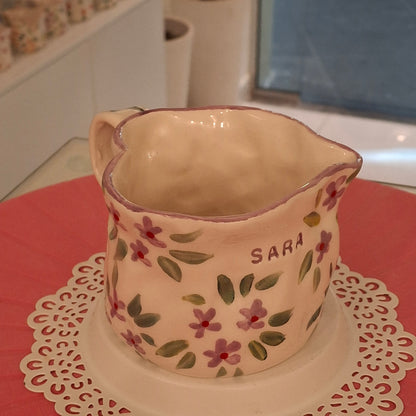 Handmade Pottery Heart Name Mug . Light Purple Flowers