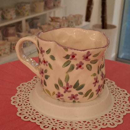 Handmade Pottery Heart Name Mug . Light Purple Flowers