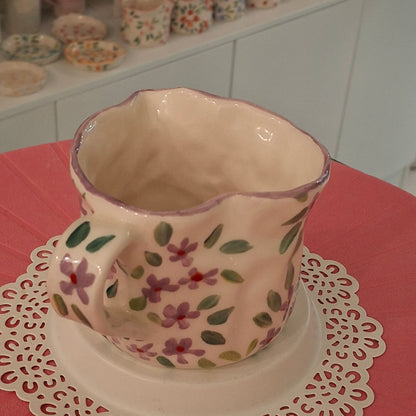 Handmade Pottery Heart Name Mug . Light Purple Flowers