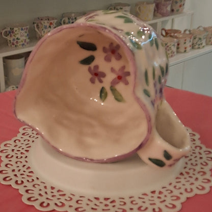 Handmade Pottery Heart Name Mug . Light Purple Flowers