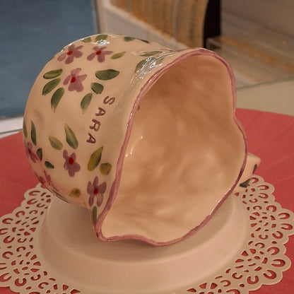Handmade Pottery Heart Name Mug . Light Purple Flowers