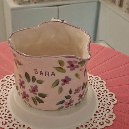 Handmade Pottery Heart Name Mug . Light Purple Flowers