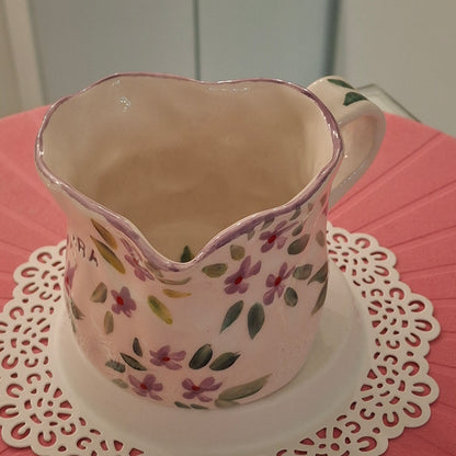 Handmade Pottery Heart Name Mug . Light Purple Flowers