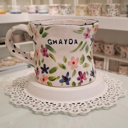 Handmade Pottery Mug . Customized Name . Dark Blue, Purple & Pink Flowers