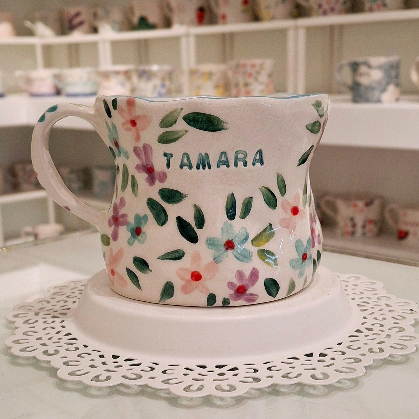 Handmade Pottery Mug . Customized Name . Pink,Purble &Sky Blue Flowers