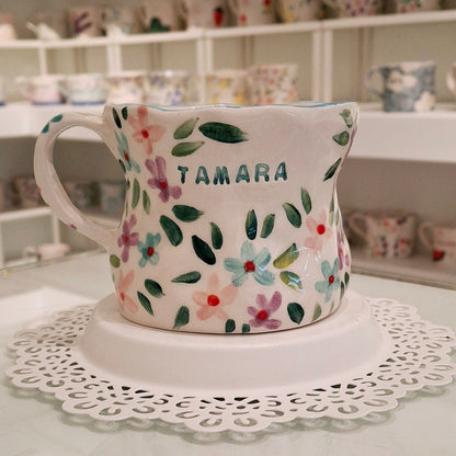 Handmade Pottery Mug . Customized Name . Pink,Purble &Sky Blue Flowers