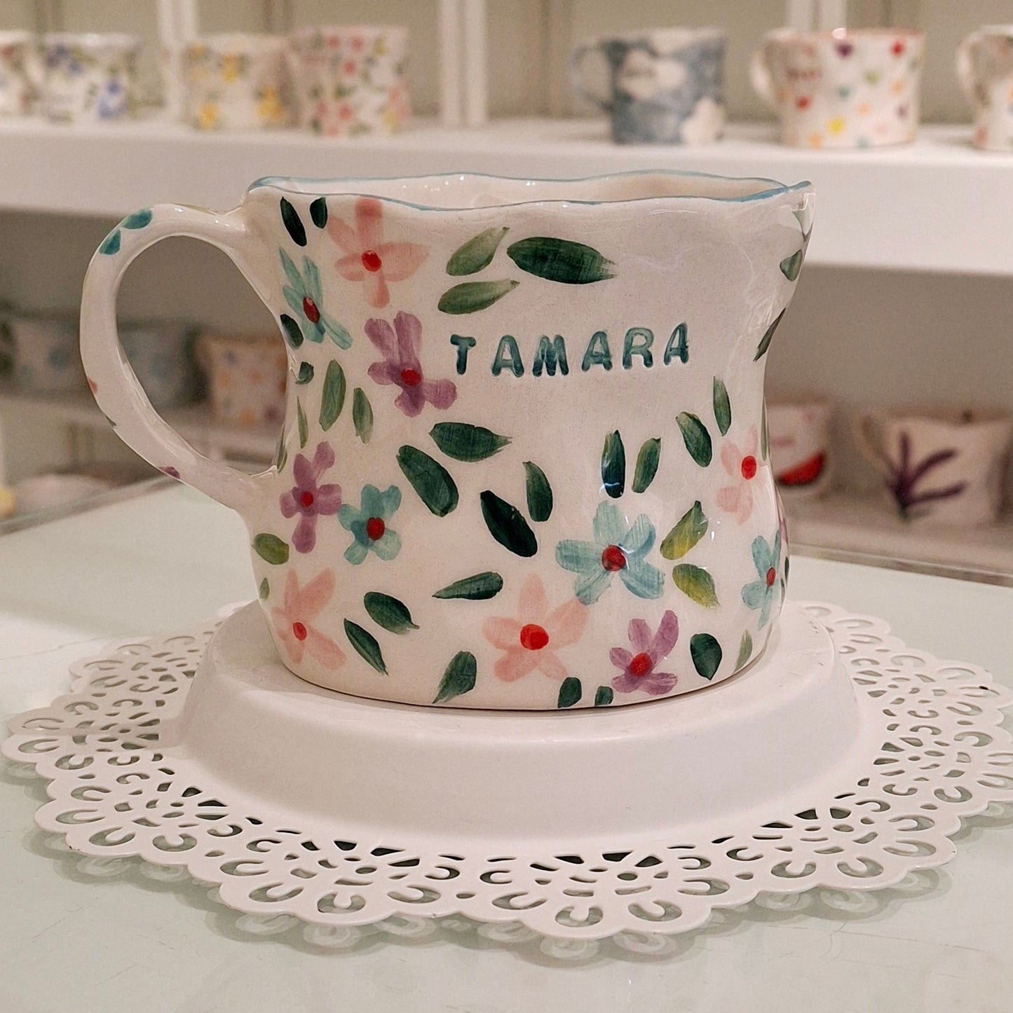 Handmade Pottery Mug . Customized Name . Pink,Purble &Sky Blue Flowers