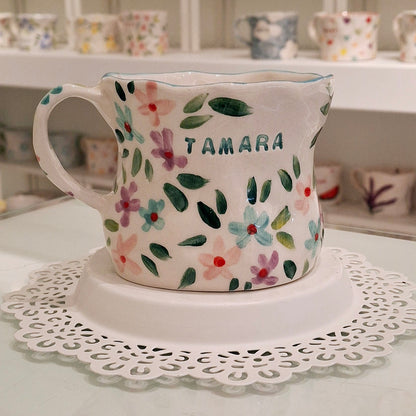 Handmade Pottery Mug . Customized Name . Pink,Purble &Sky Blue Flowers