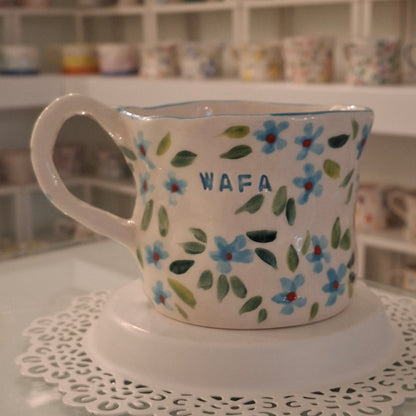 Handmade Pottery Mug . Customized Name . Blue Flowers 2
