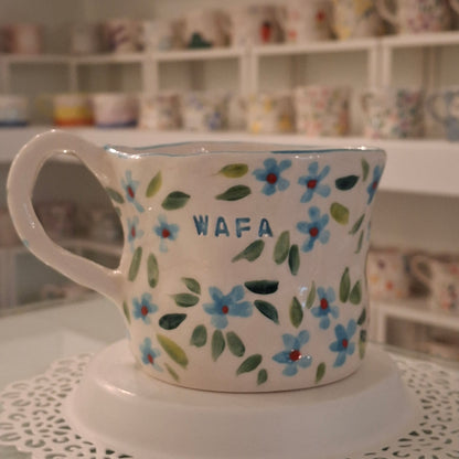 Handmade Pottery Mug . Customized Name . Blue Flowers 2